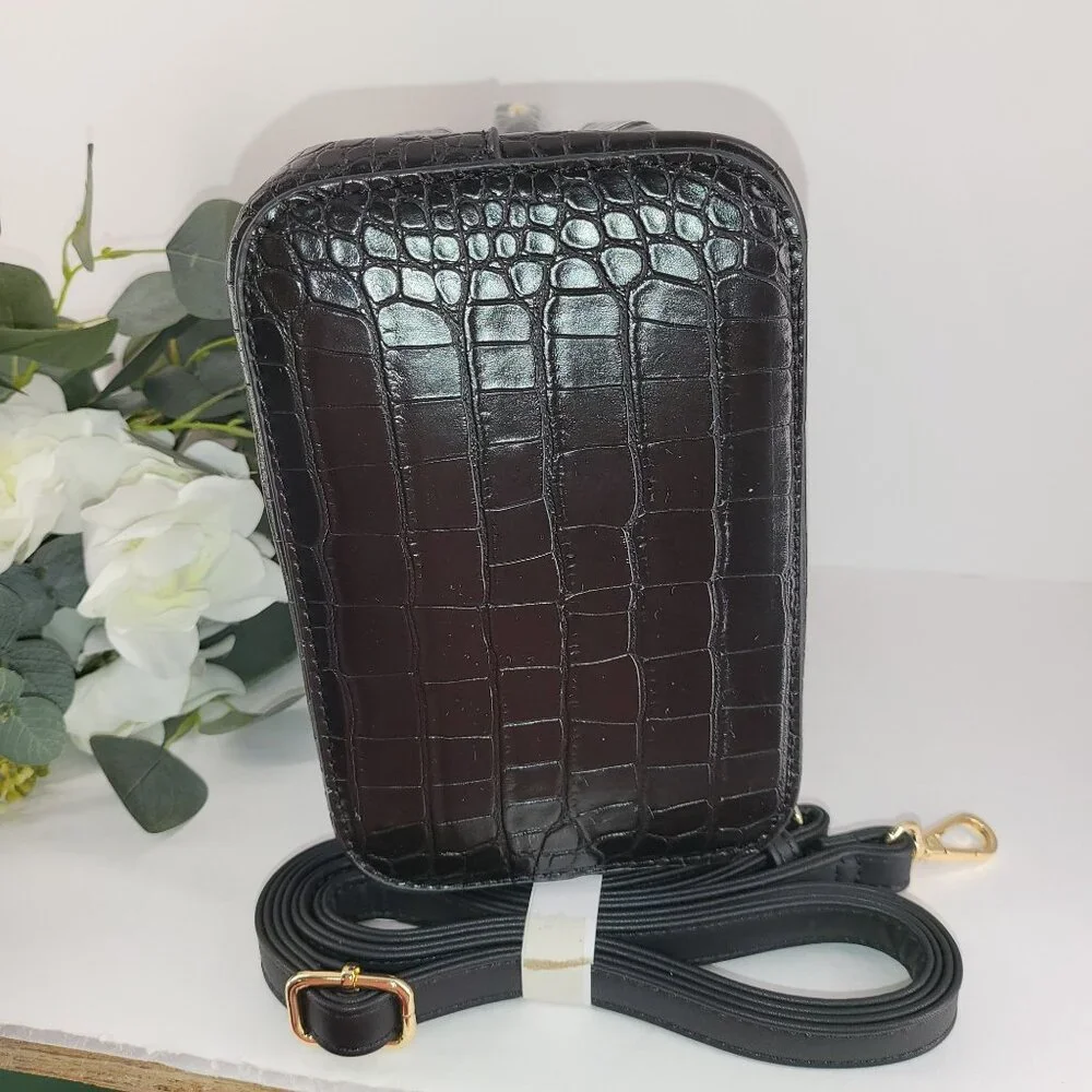 Aota Black Crocodile Pattern Vegan Leather Bucket Bag Gold Hardware & Adjustable - Picture 4 of 12